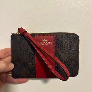 Coach Signature Canvas and Stripe Corner Zip Wristlet